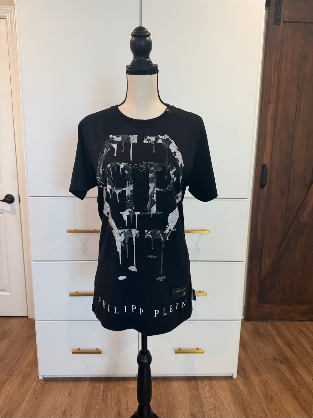 Philipp Plein Black Tee with Swarovski Crystals Drip Logo